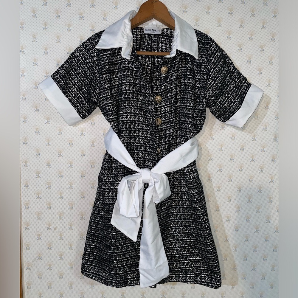 All From Fern Handmade‎ Black Tweed Gold Button White Tie Romper